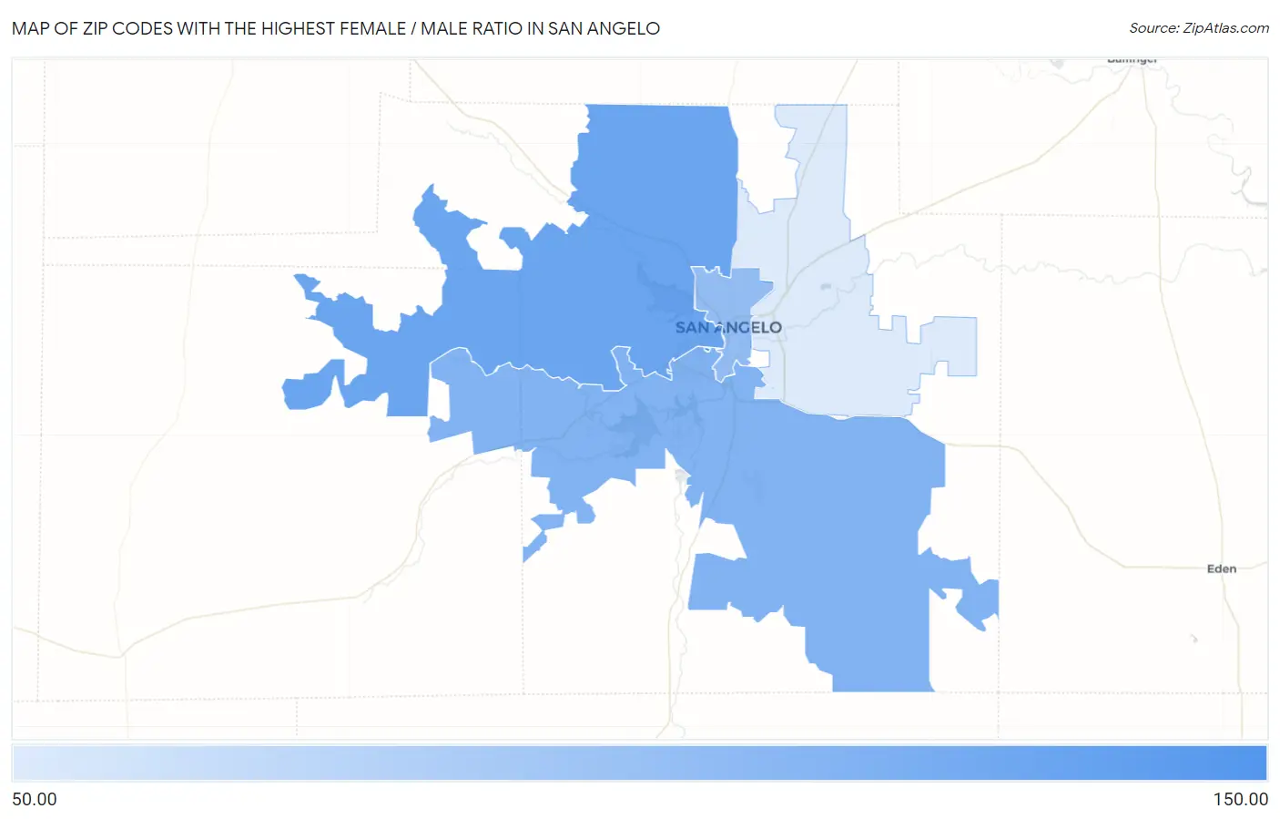 Zip Codes with the Highest Female / Male Ratio in San Angelo Map