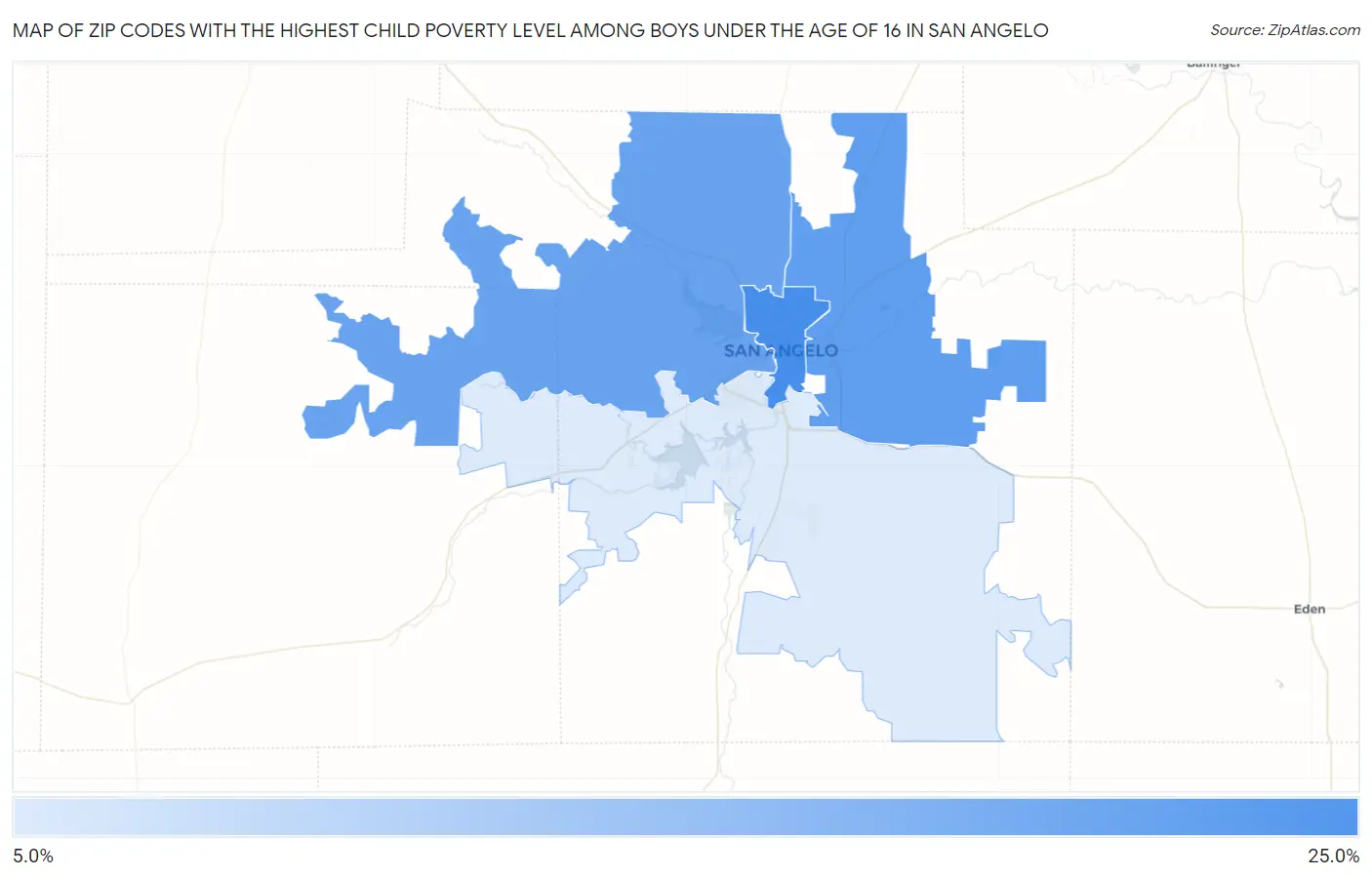 Zip Codes with the Highest Child Poverty Level Among Boys Under the Age of 16 in San Angelo Map