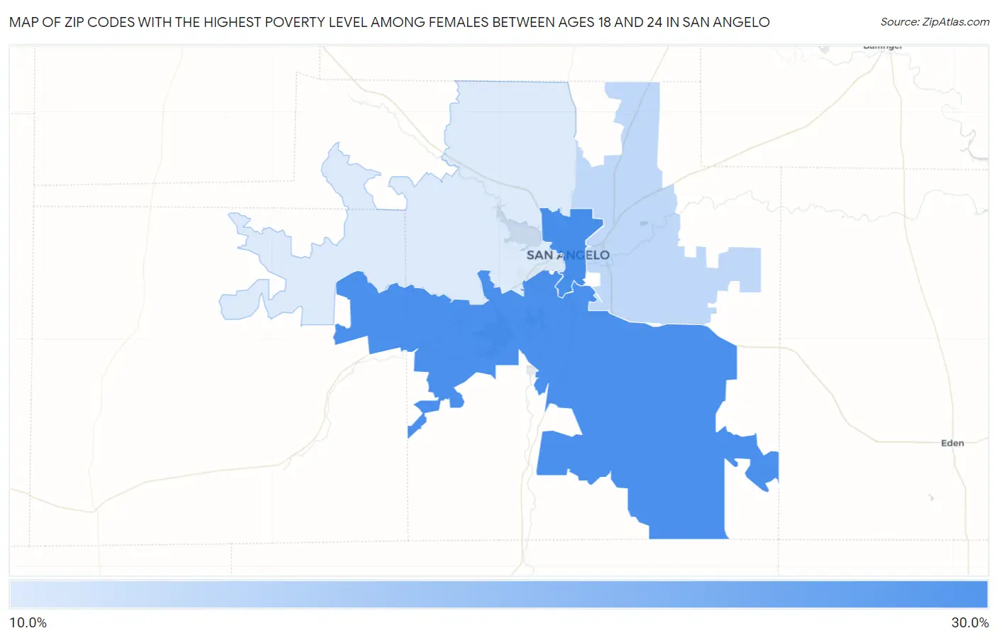 Zip Codes with the Highest Poverty Level Among Females Between Ages 18 and 24 in San Angelo Map