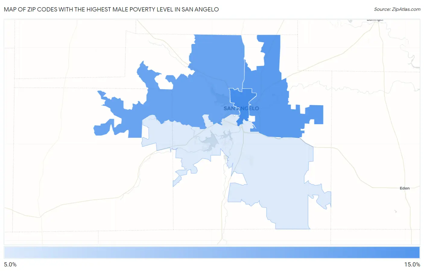 Zip Codes with the Highest Male Poverty Level in San Angelo Map