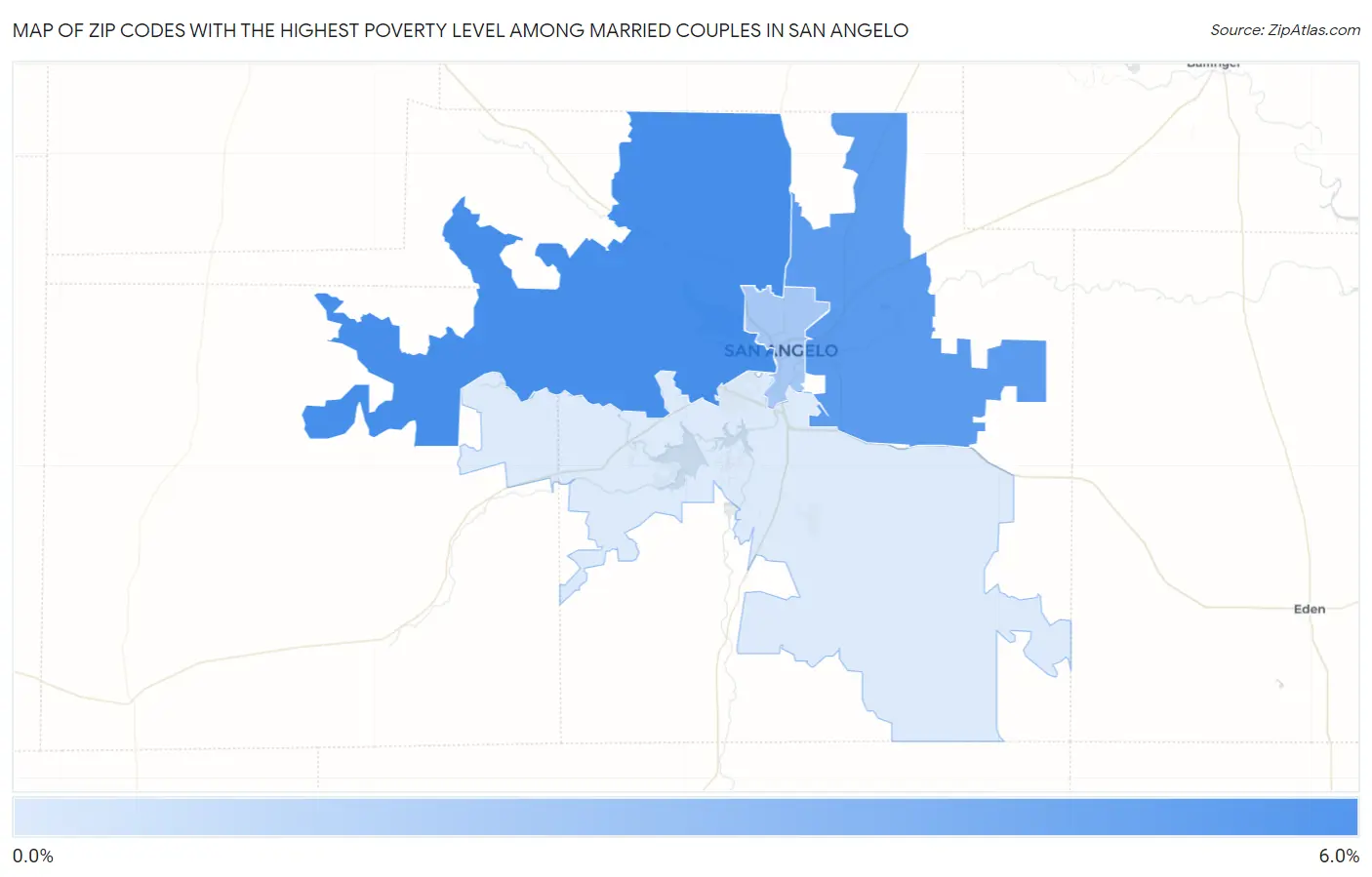 Zip Codes with the Highest Poverty Level Among Married Couples in San Angelo Map