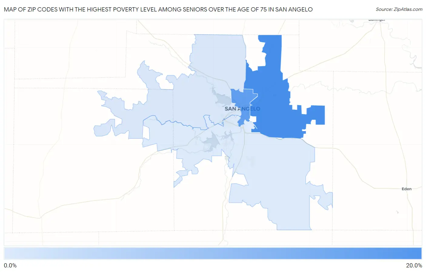 Zip Codes with the Highest Poverty Level Among Seniors Over the Age of 75 in San Angelo Map