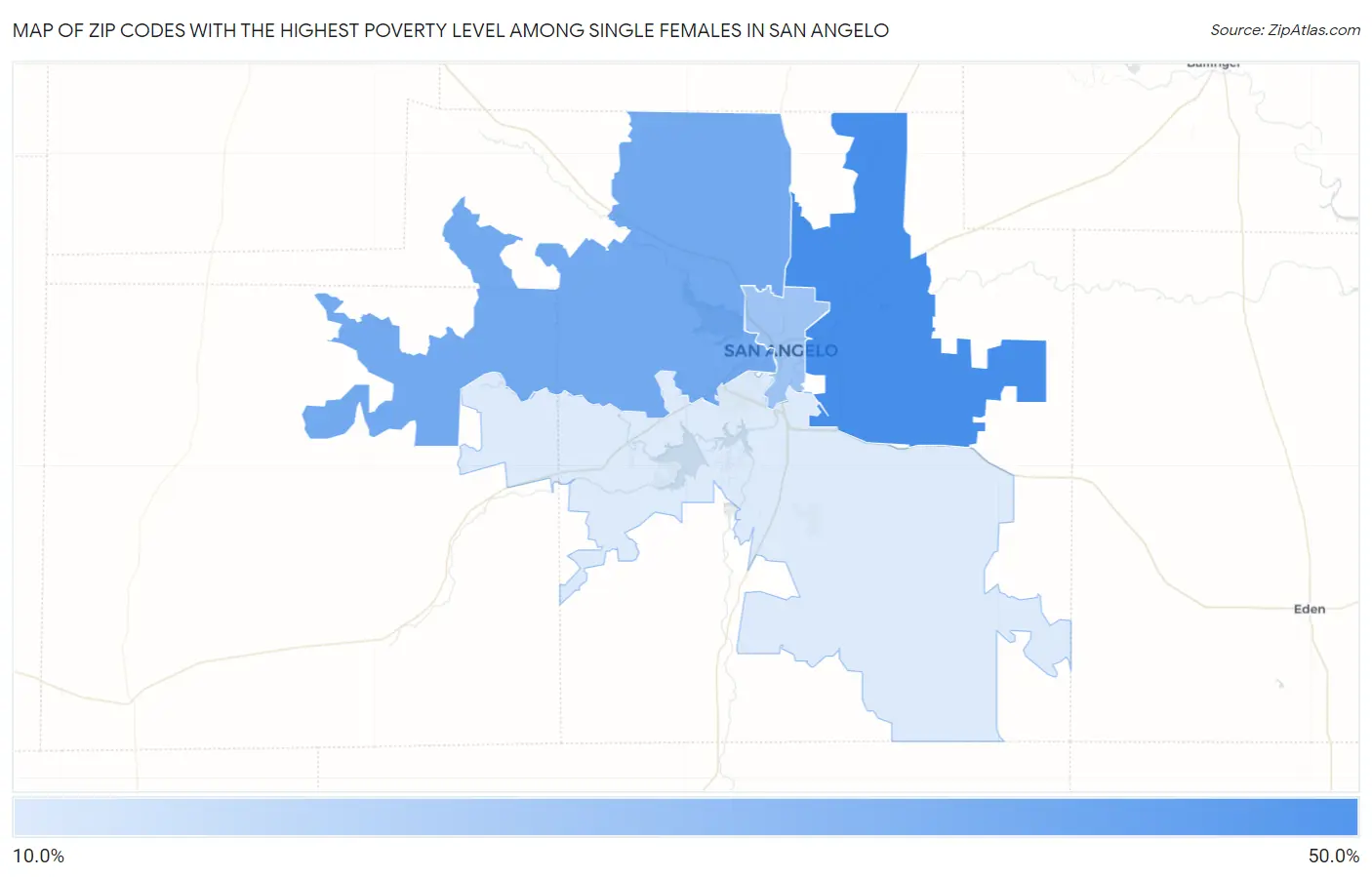 Zip Codes with the Highest Poverty Level Among Single Females in San Angelo Map