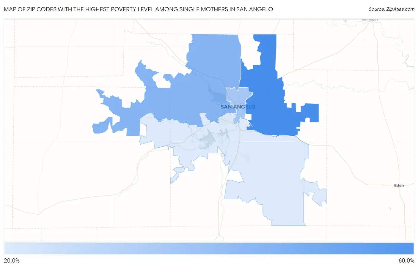 Zip Codes with the Highest Poverty Level Among Single Mothers in San Angelo Map