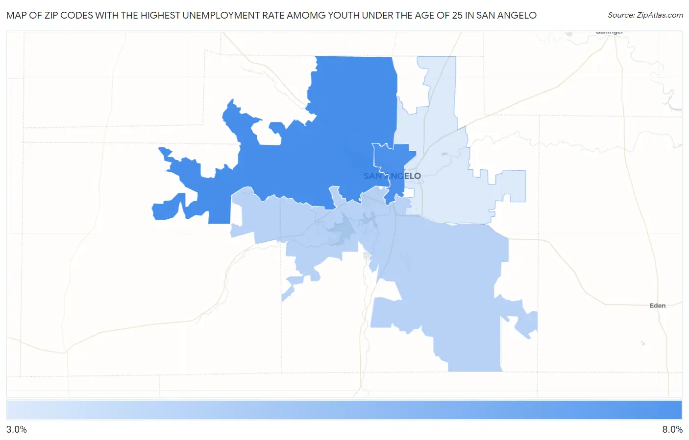 Zip Codes with the Highest Unemployment Rate Amomg Youth Under the Age of 25 in San Angelo Map