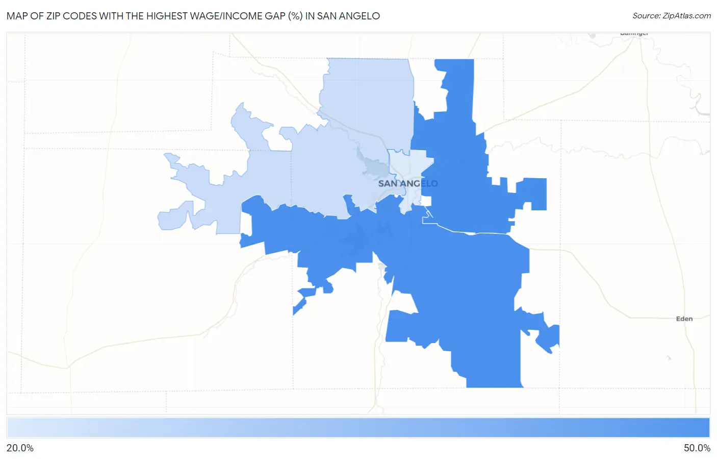 Zip Codes with the Highest Wage/Income Gap (%) in San Angelo Map