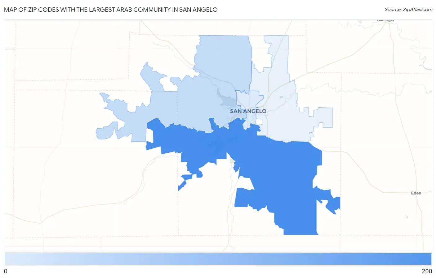 Zip Codes with the Largest Arab Community in San Angelo Map