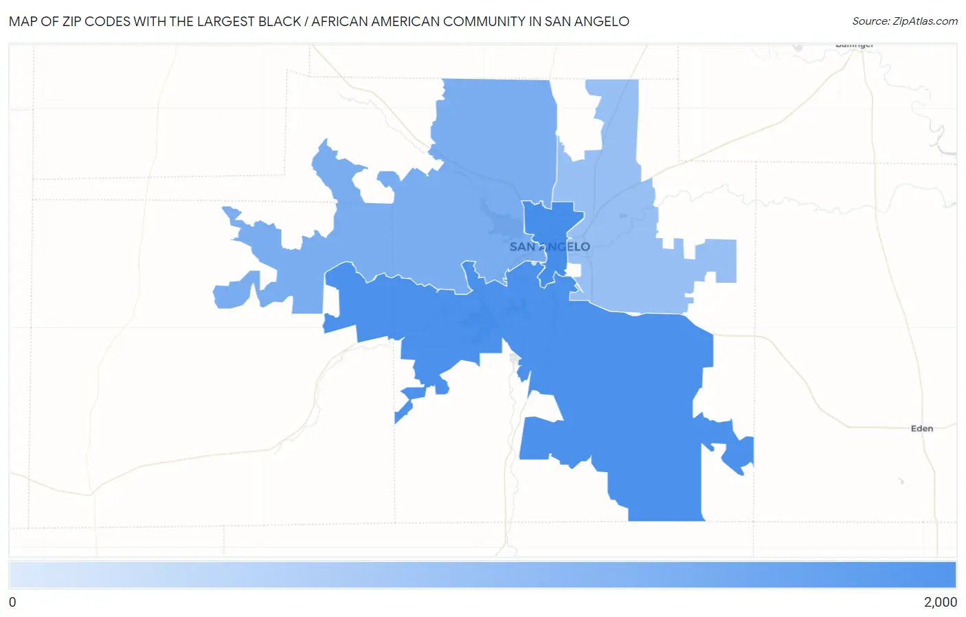 Zip Codes with the Largest Black / African American Community in San Angelo Map