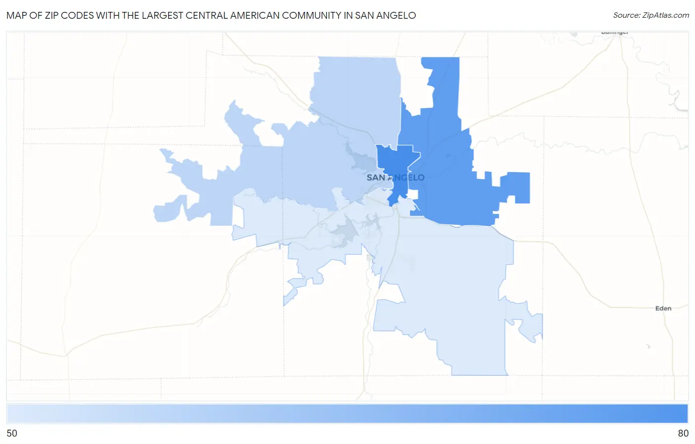 Zip Codes with the Largest Central American Community in San Angelo Map