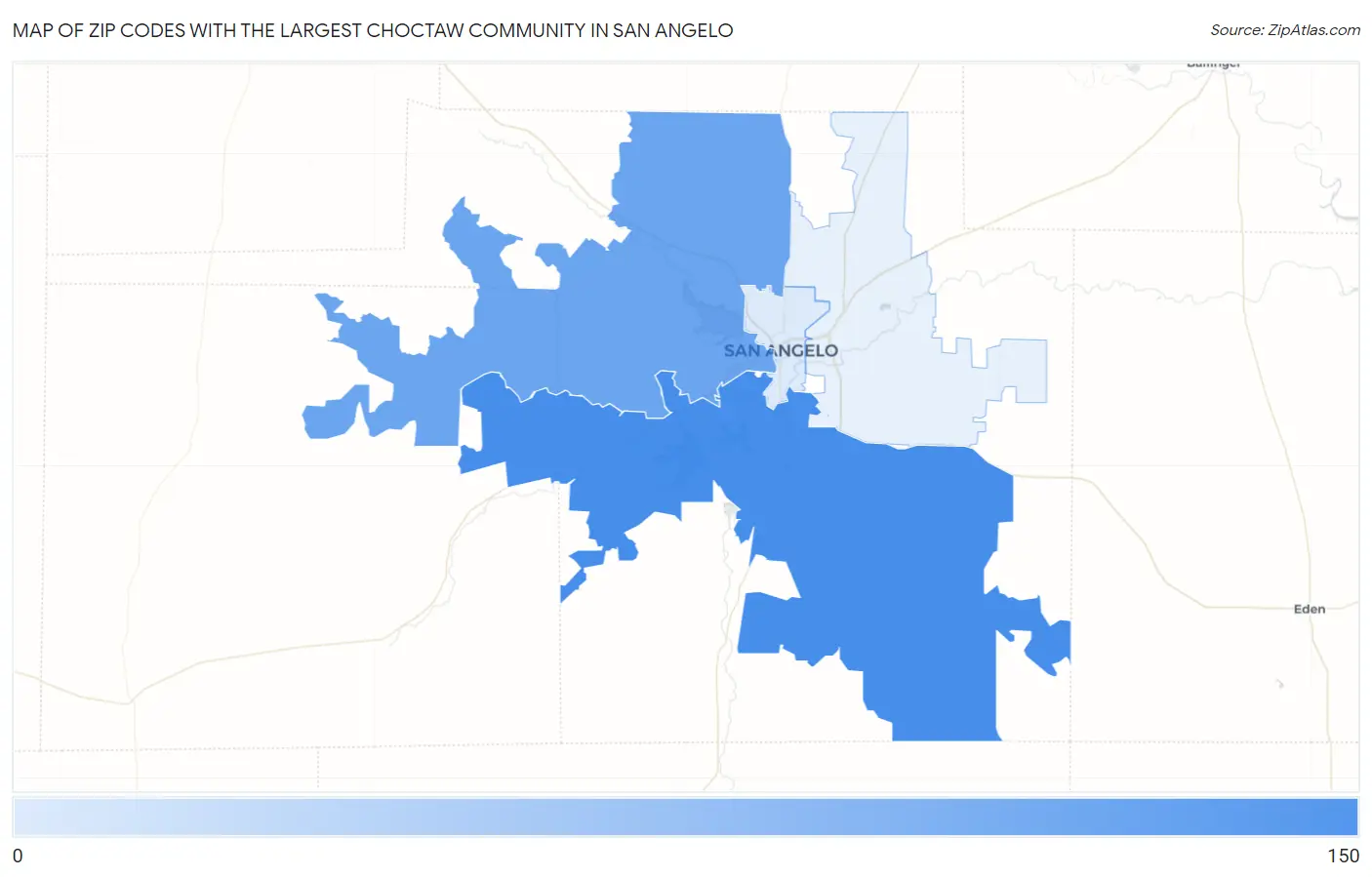 Zip Codes with the Largest Choctaw Community in San Angelo Map