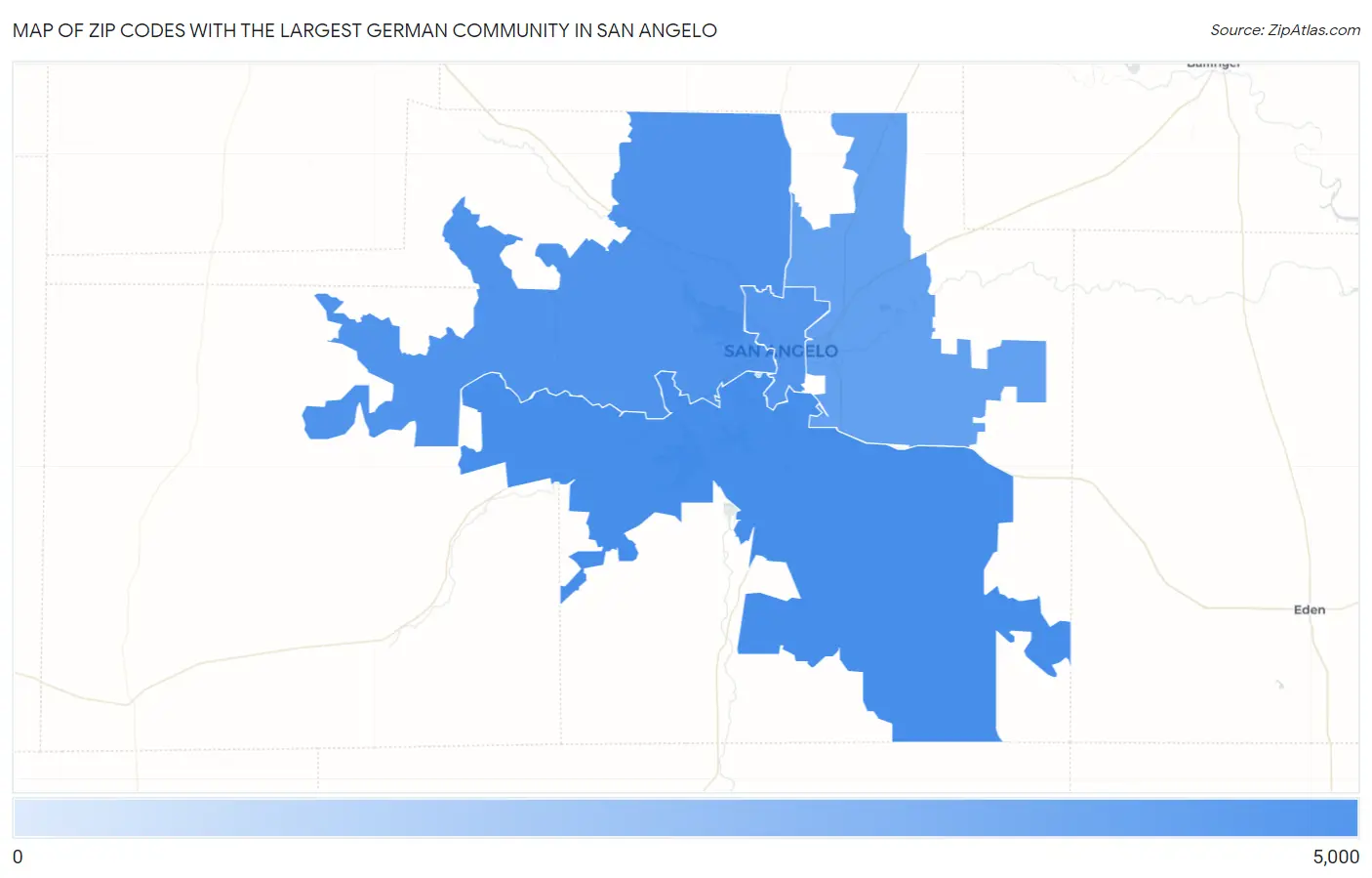 Zip Codes with the Largest German Community in San Angelo Map