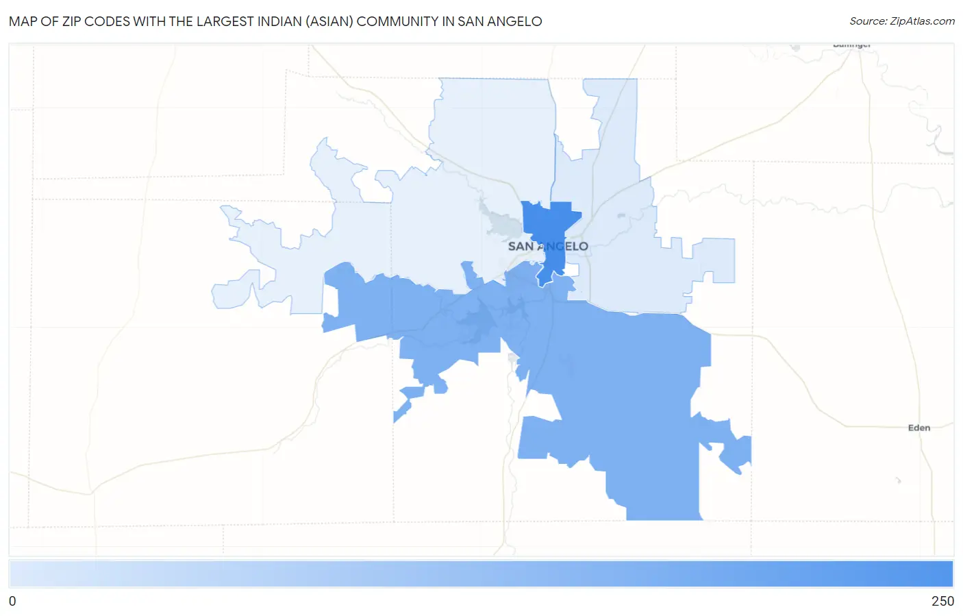 Zip Codes with the Largest Indian (Asian) Community in San Angelo Map