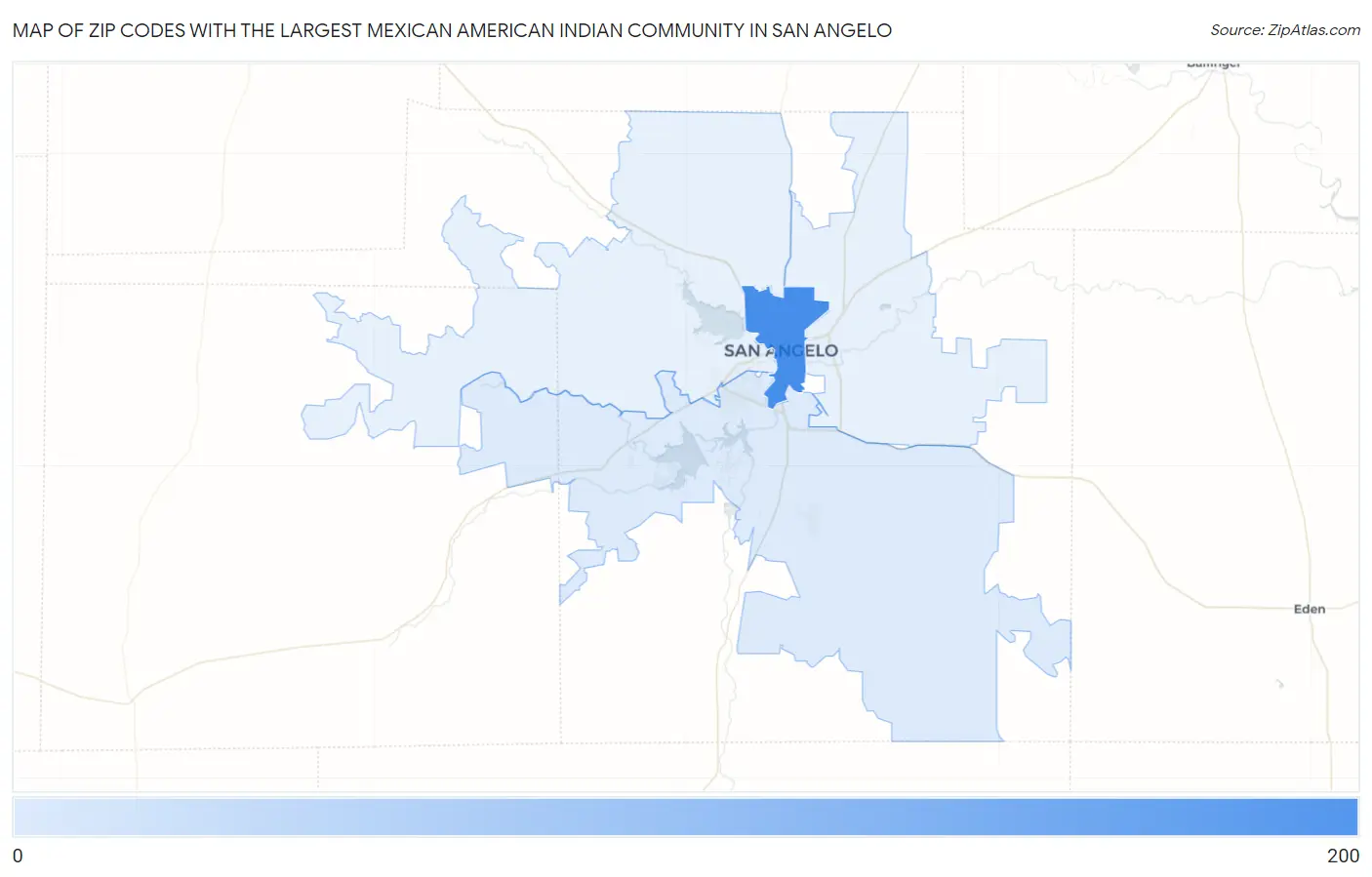 Zip Codes with the Largest Mexican American Indian Community in San Angelo Map