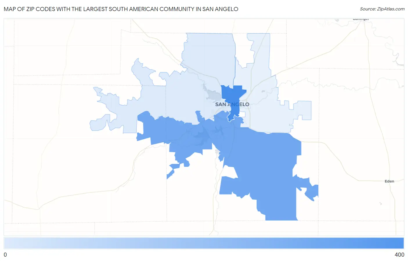 Zip Codes with the Largest South American Community in San Angelo Map