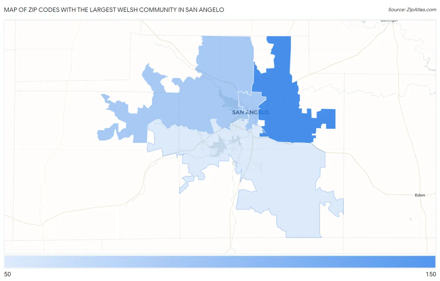 Zip Codes with the Largest Welsh Community in San Angelo Map