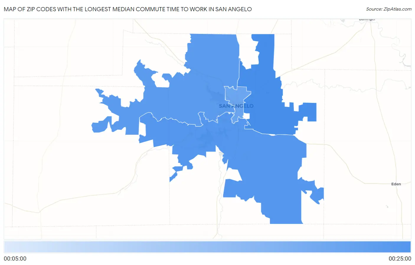 Zip Codes with the Longest Median Commute Time to Work in San Angelo Map