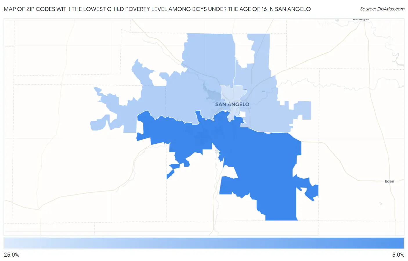 Zip Codes with the Lowest Child Poverty Level Among Boys Under the Age of 16 in San Angelo Map