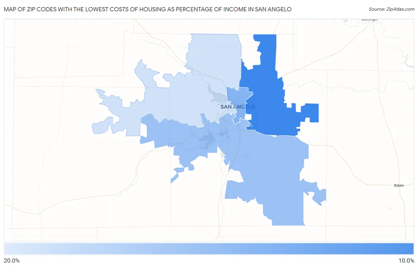 Zip Codes with the Lowest Costs of Housing as Percentage of Income in San Angelo Map