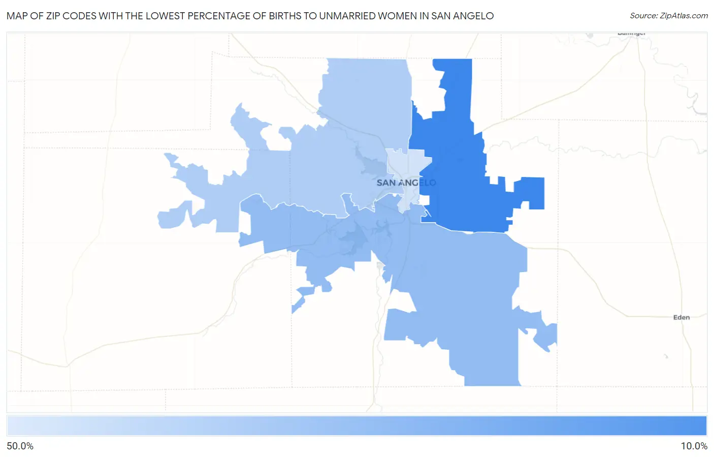 Zip Codes with the Lowest Percentage of Births to Unmarried Women in San Angelo Map