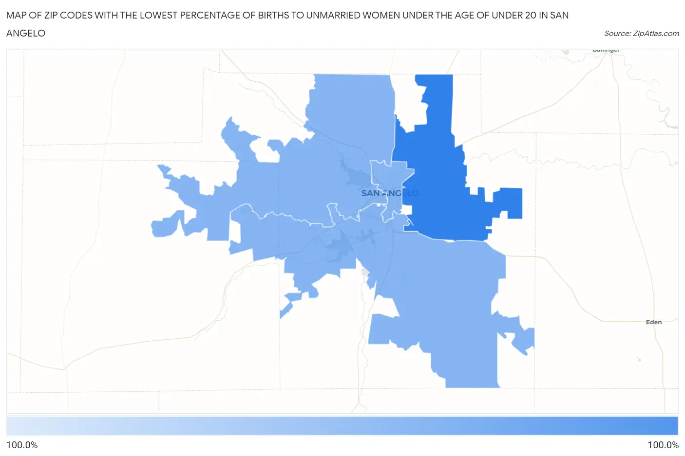 Zip Codes with the Lowest Percentage of Births to Unmarried Women under the Age of under 20 in San Angelo Map