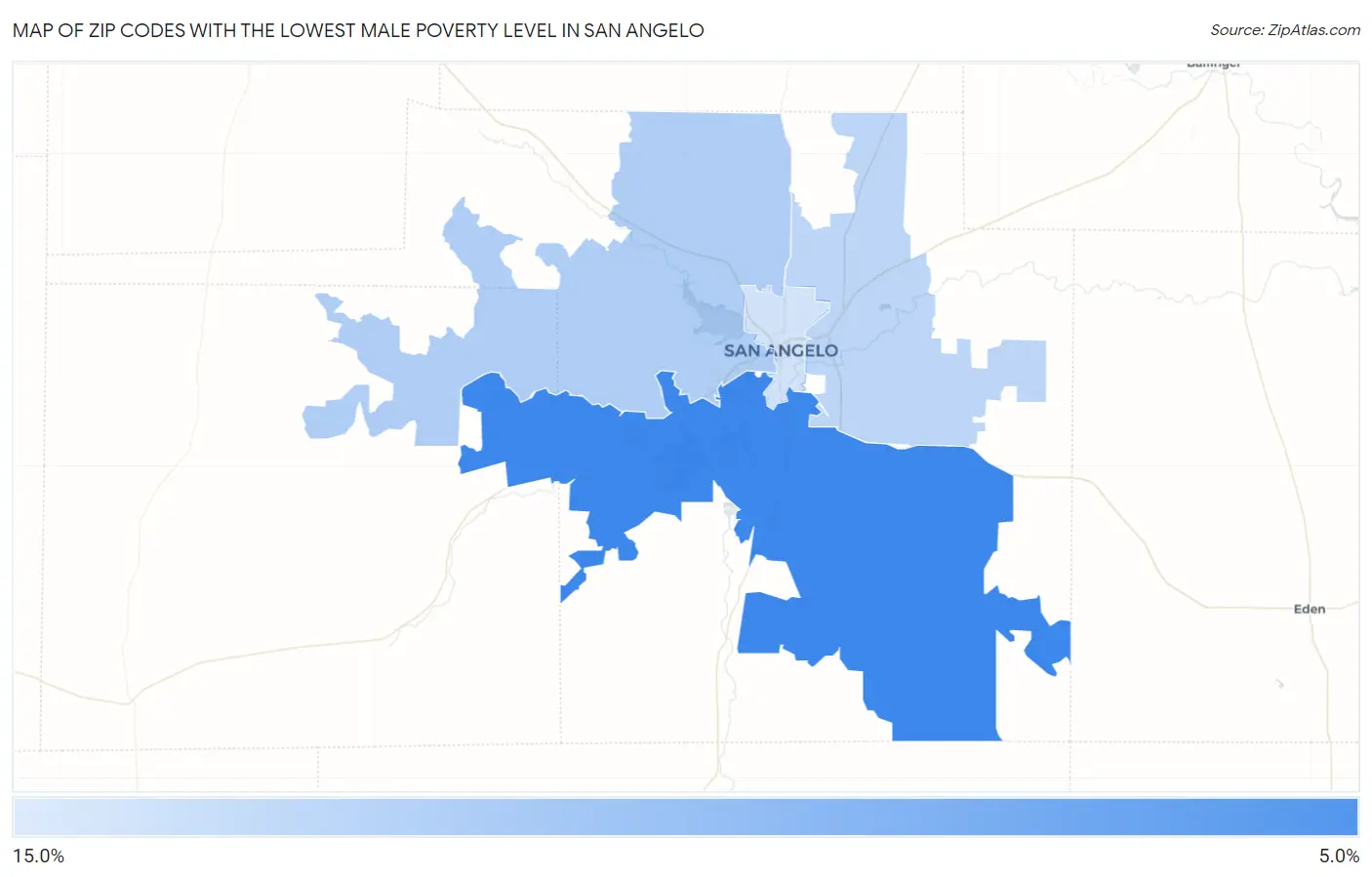 Zip Codes with the Lowest Male Poverty Level in San Angelo Map