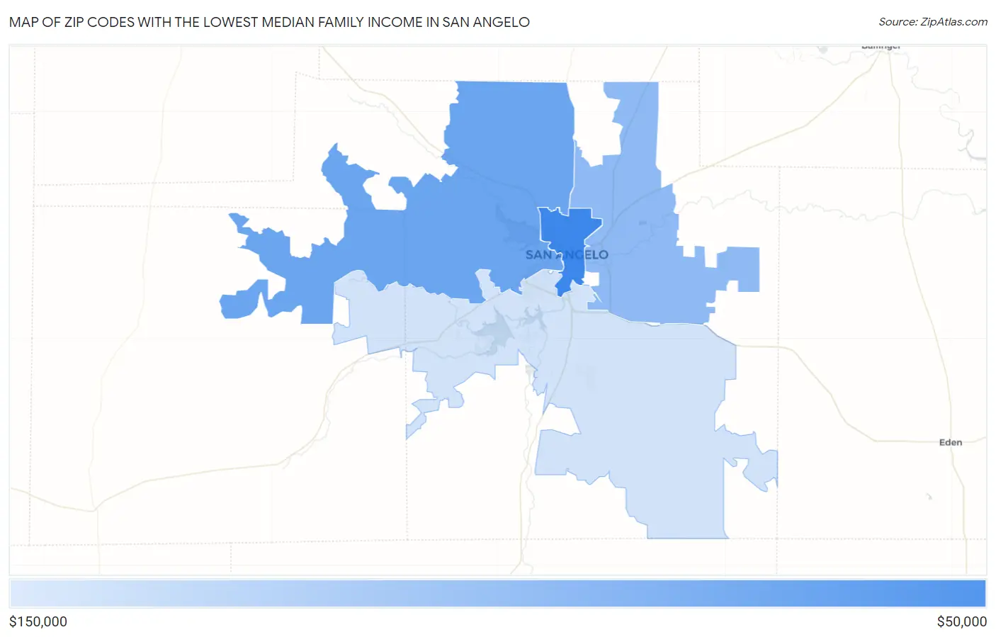 Zip Codes with the Lowest Median Family Income in San Angelo Map