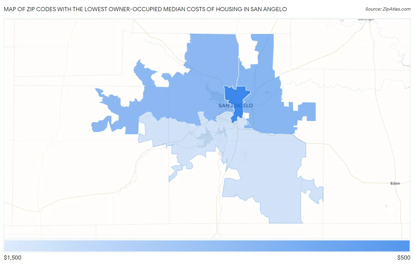 Zip Codes with the Lowest Owner-Occupied Median Costs of Housing in San Angelo Map