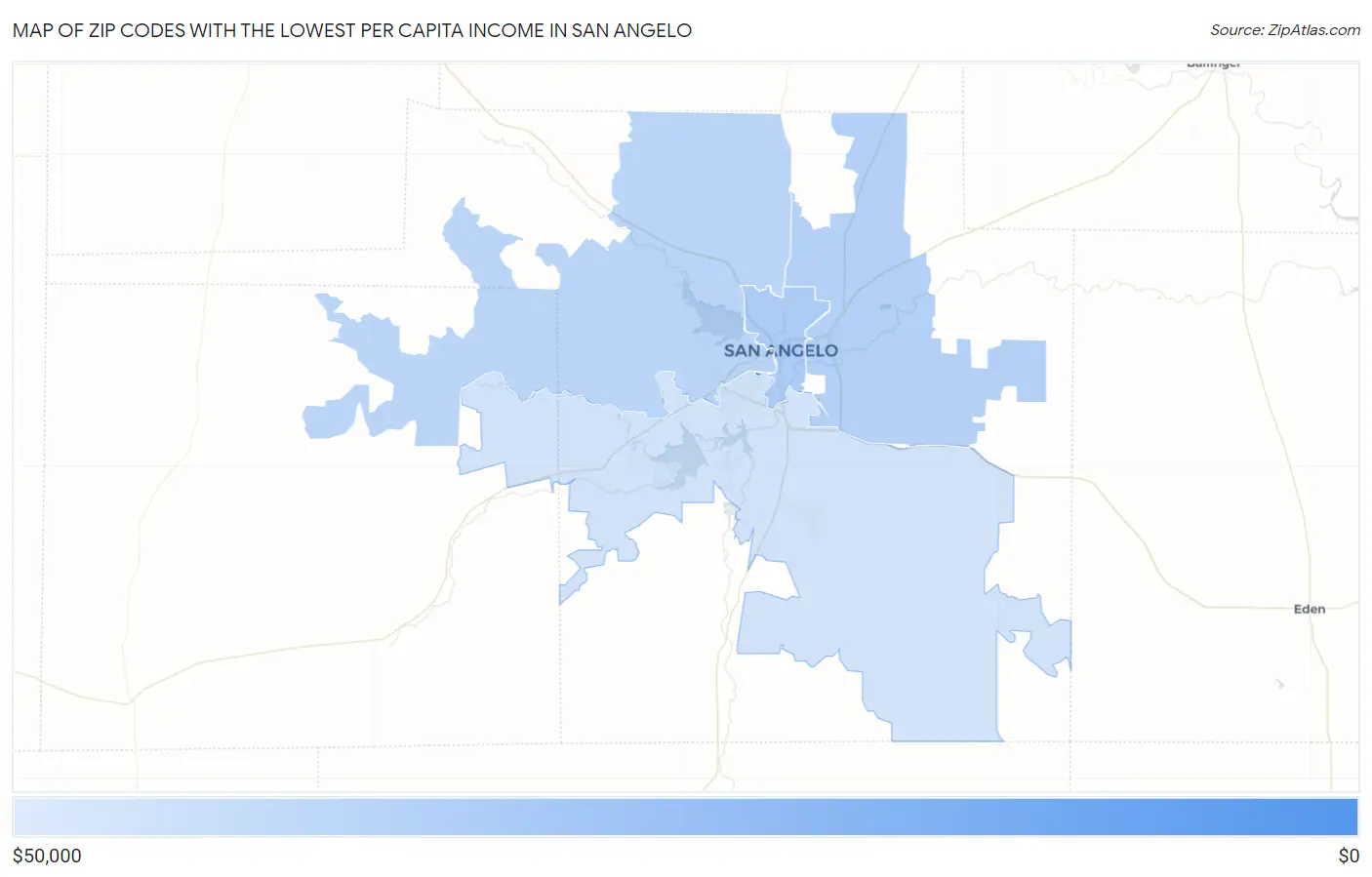 Zip Codes with the Lowest Per Capita Income in San Angelo Map