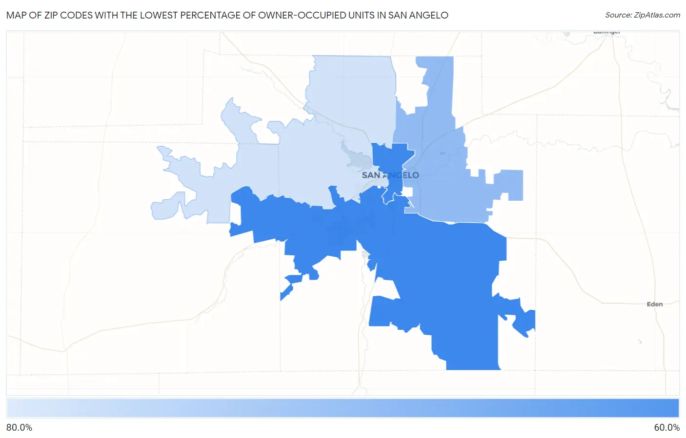 Zip Codes with the Lowest Percentage of Owner-Occupied Units in San Angelo Map