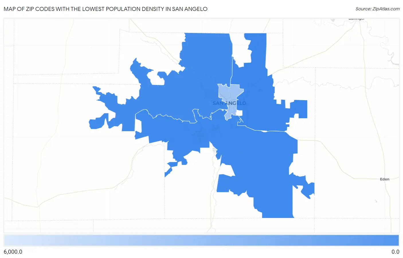 Zip Codes with the Lowest Population Density in San Angelo Map
