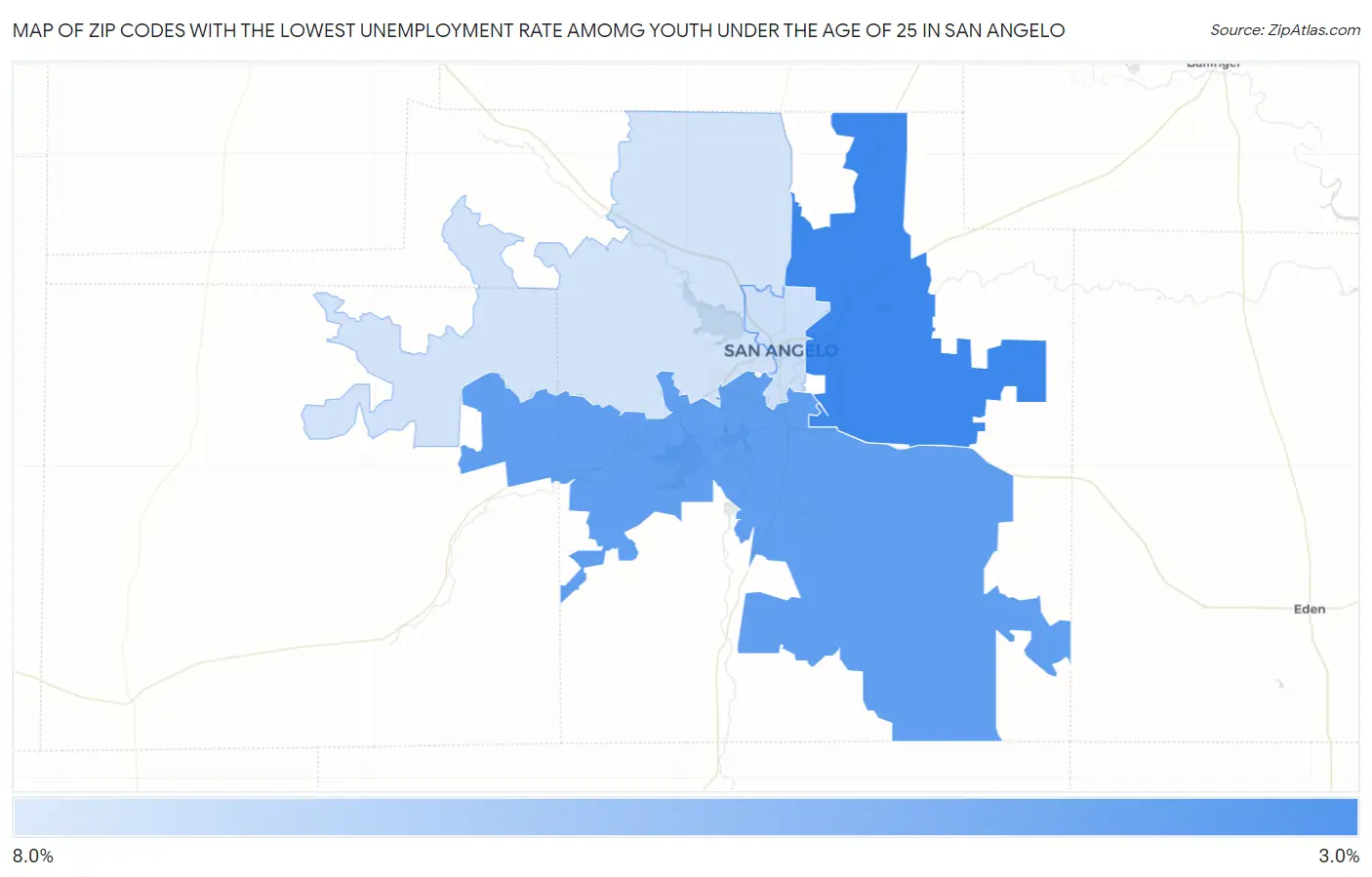 Zip Codes with the Lowest Unemployment Rate Amomg Youth Under the Age of 25 in San Angelo Map