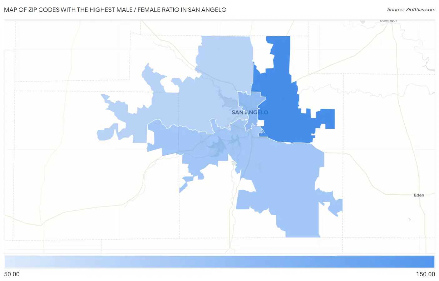 Zip Codes with the Highest Male / Female Ratio in San Angelo Map