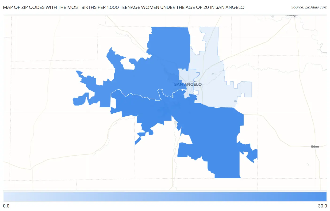 Zip Codes with the Most Births per 1,000 Teenage Women Under the Age of 20 in San Angelo Map
