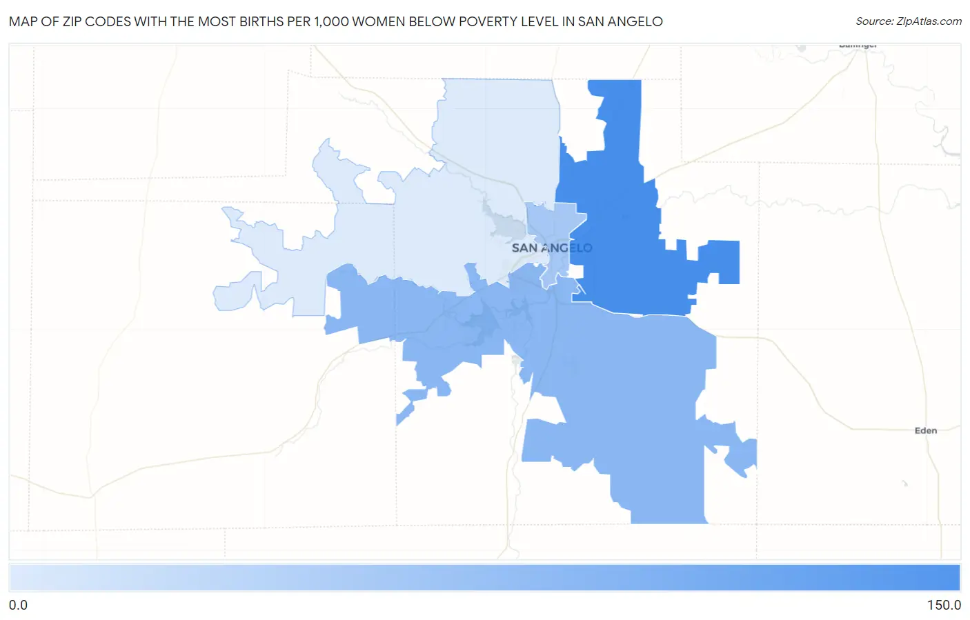 Zip Codes with the Most Births per 1,000 Women Below Poverty Level in San Angelo Map