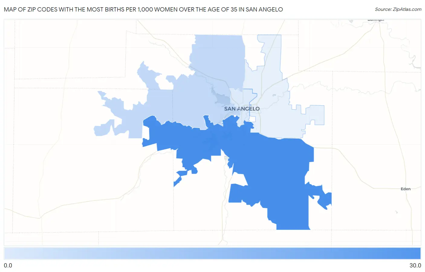 Zip Codes with the Most Births per 1,000 Women Over the Age of 35 in San Angelo Map