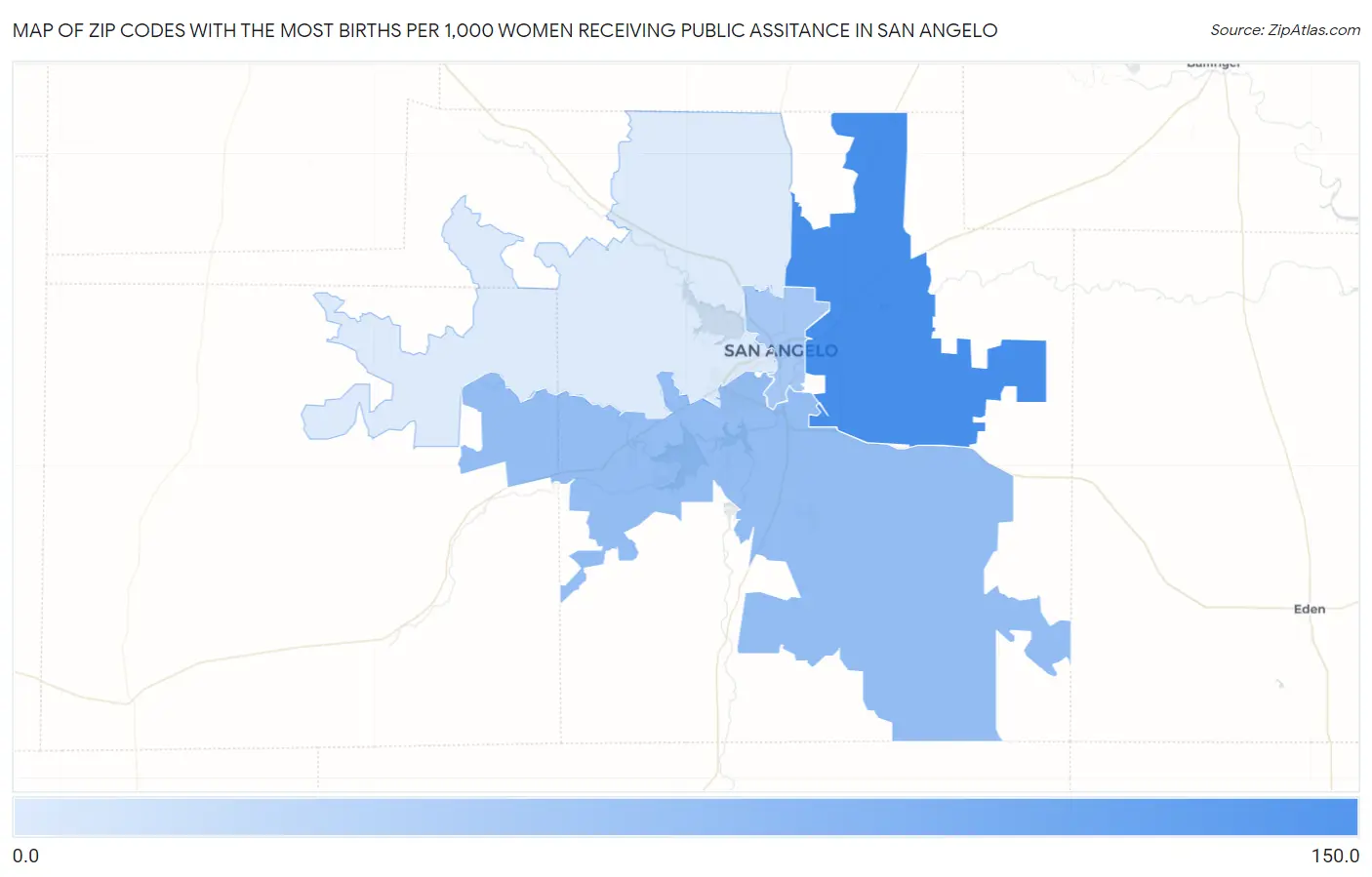 Zip Codes with the Most Births per 1,000 Women Receiving Public Assitance in San Angelo Map