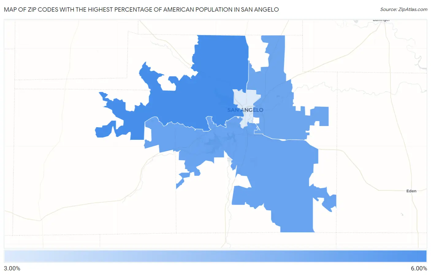 Zip Codes with the Highest Percentage of American Population in San Angelo Map