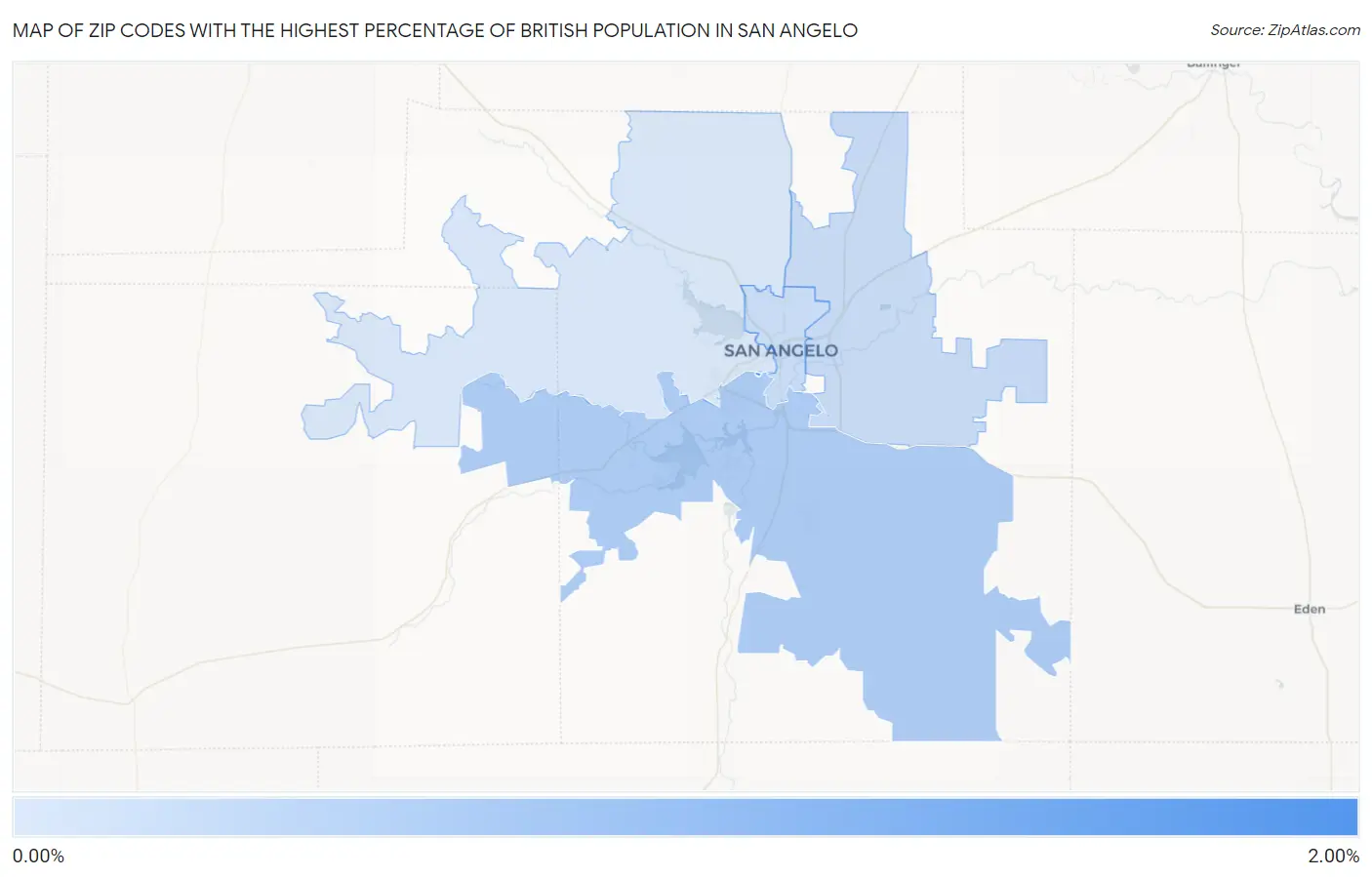Zip Codes with the Highest Percentage of British Population in San Angelo Map
