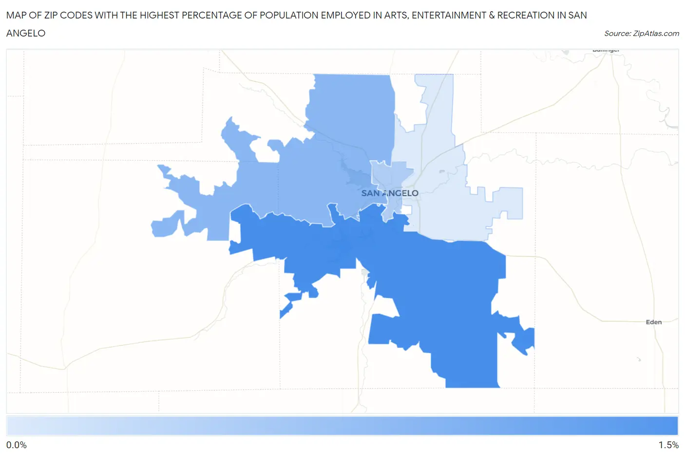 Zip Codes with the Highest Percentage of Population Employed in Arts, Entertainment & Recreation in San Angelo Map