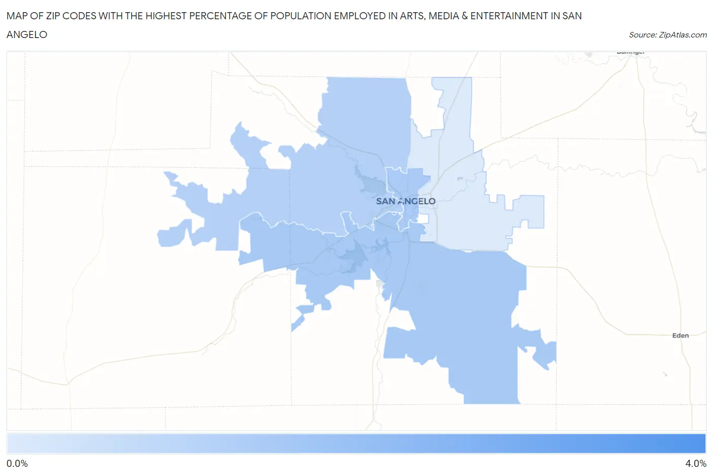 Zip Codes with the Highest Percentage of Population Employed in Arts, Media & Entertainment in San Angelo Map