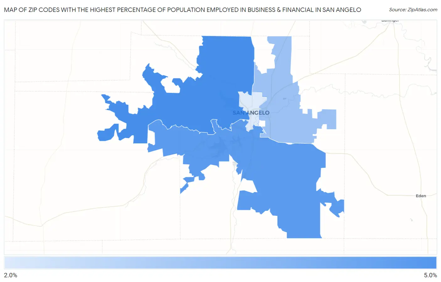 Zip Codes with the Highest Percentage of Population Employed in Business & Financial in San Angelo Map
