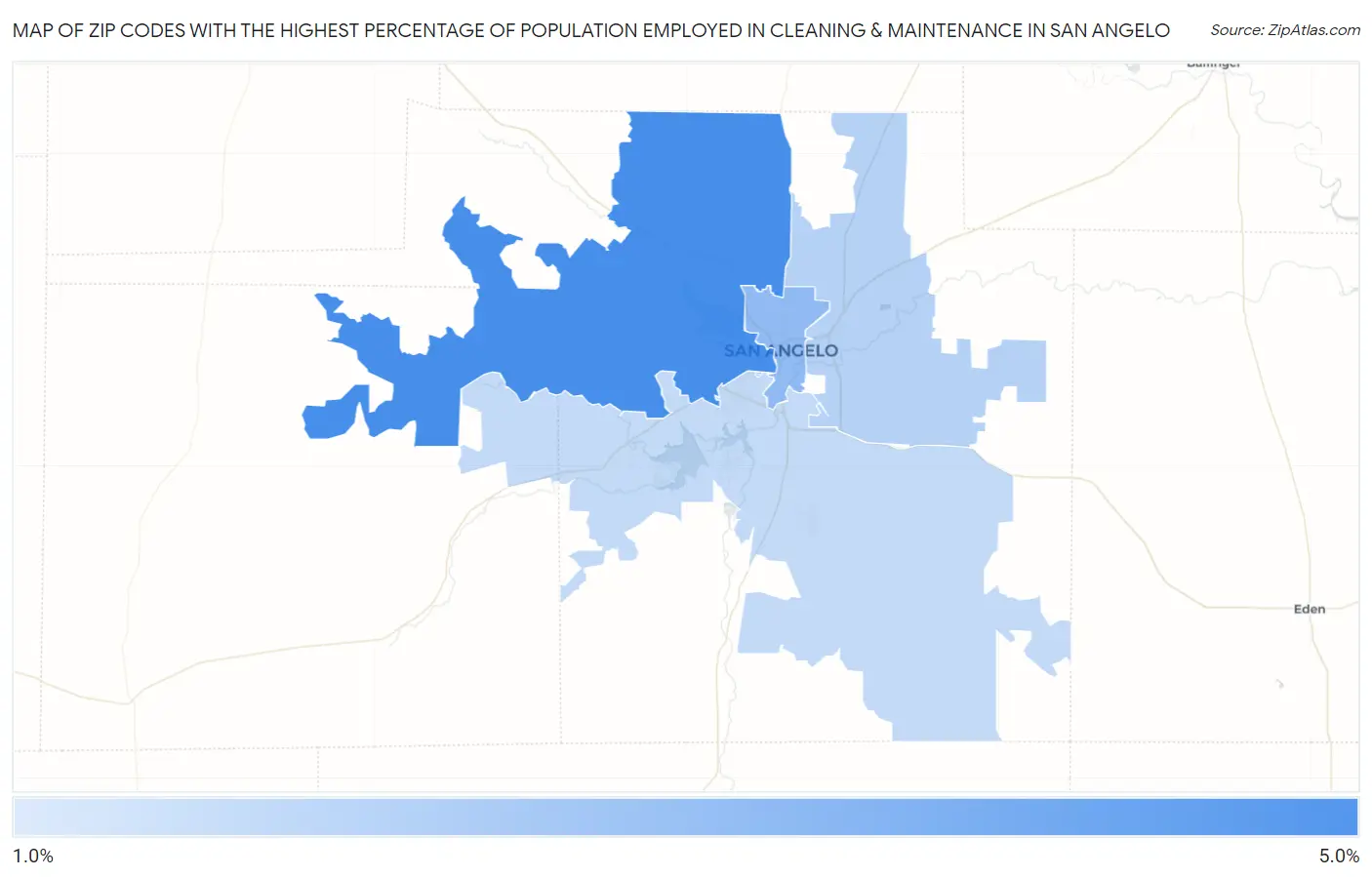 Zip Codes with the Highest Percentage of Population Employed in Cleaning & Maintenance in San Angelo Map