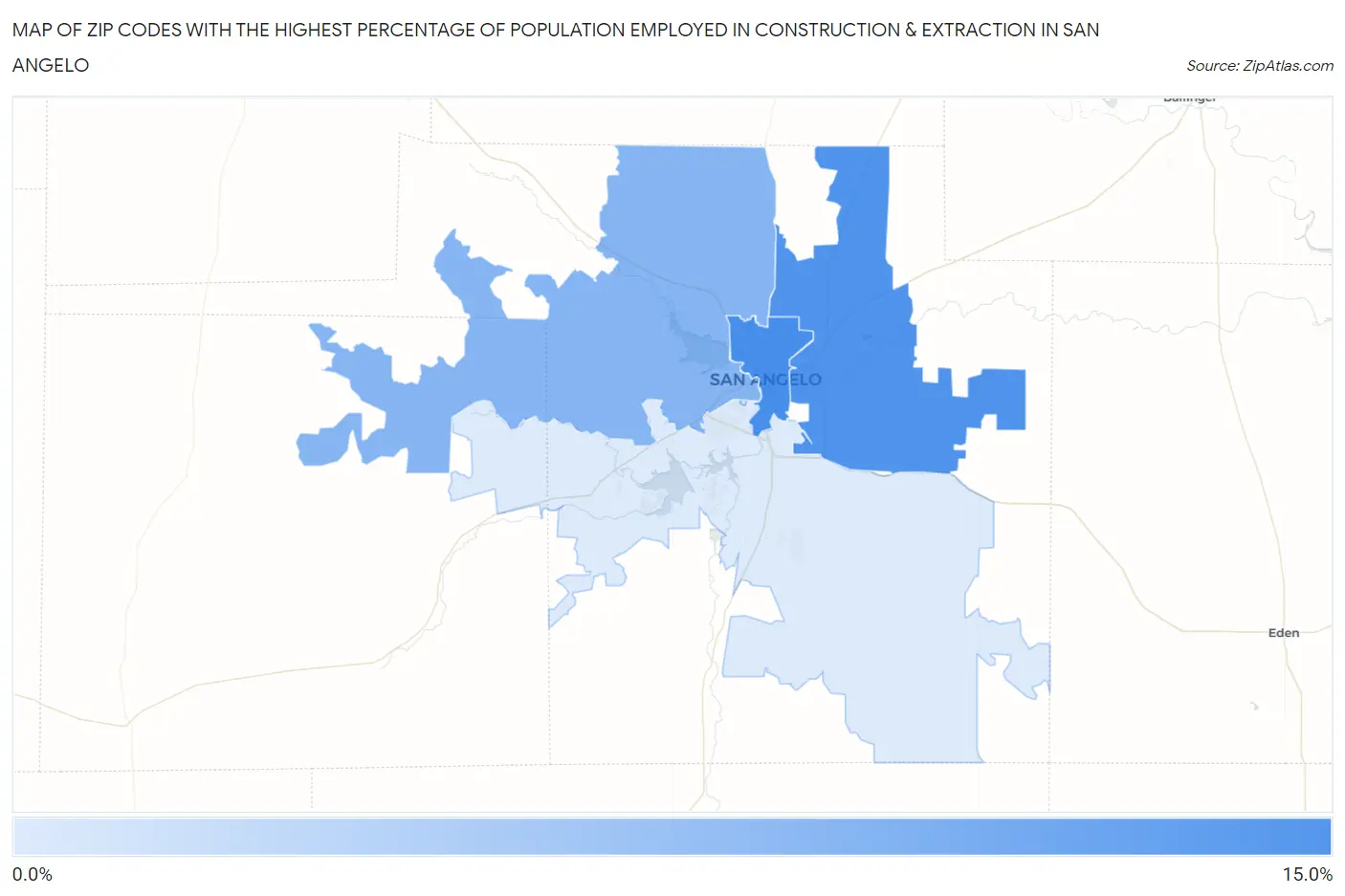 Zip Codes with the Highest Percentage of Population Employed in Construction & Extraction in San Angelo Map