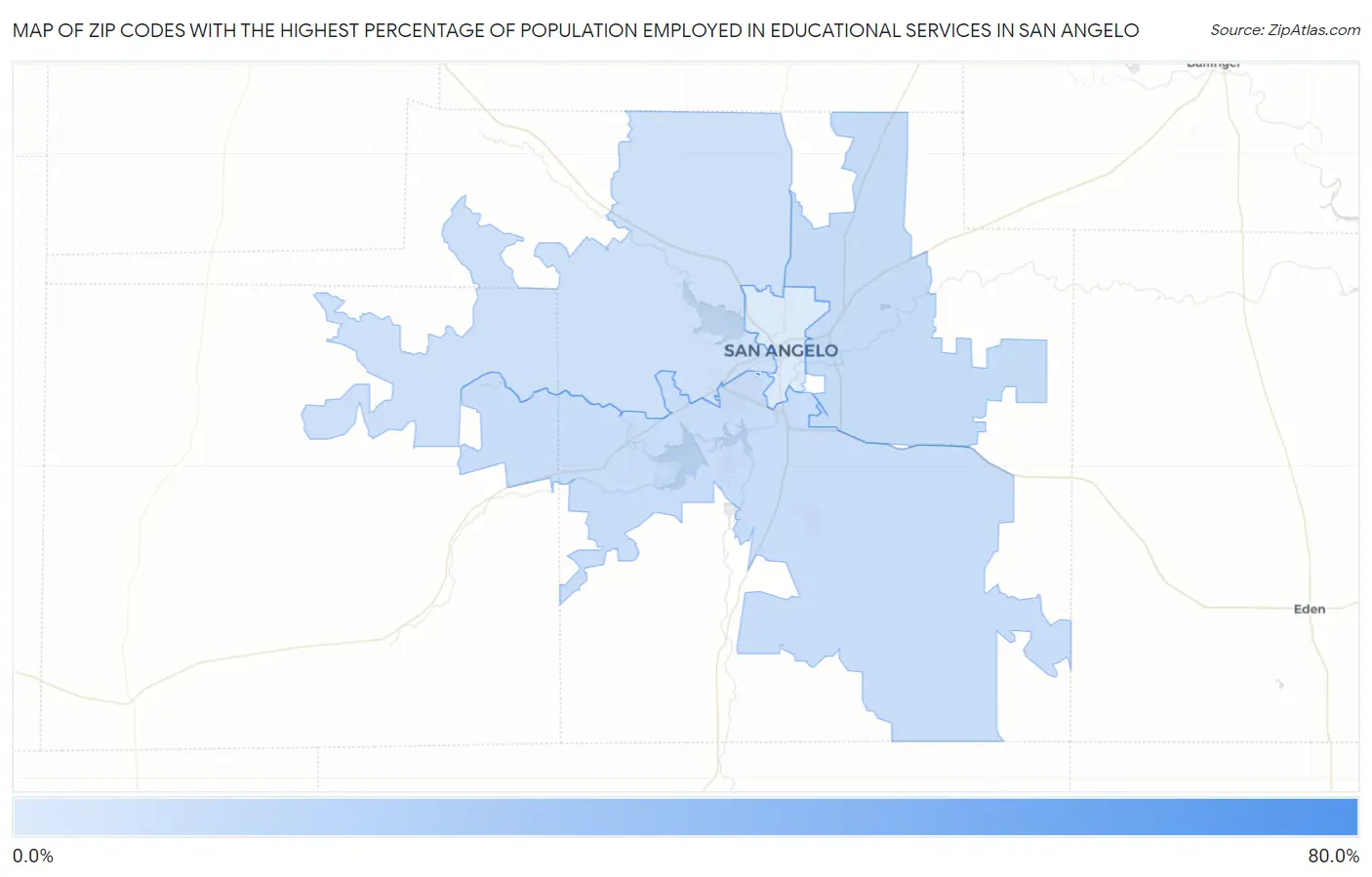 Zip Codes with the Highest Percentage of Population Employed in Educational Services in San Angelo Map