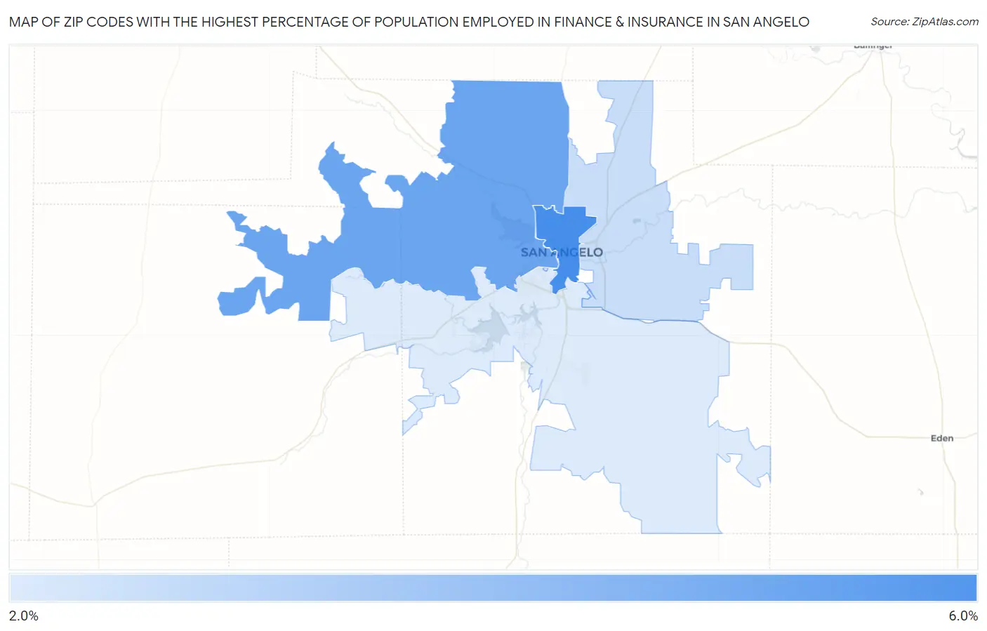 Zip Codes with the Highest Percentage of Population Employed in Finance & Insurance in San Angelo Map