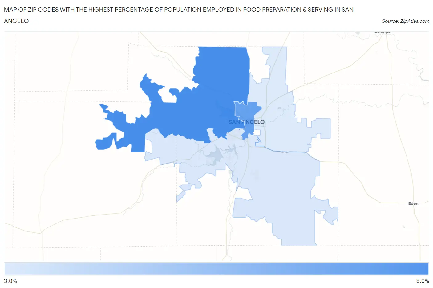 Zip Codes with the Highest Percentage of Population Employed in Food Preparation & Serving in San Angelo Map