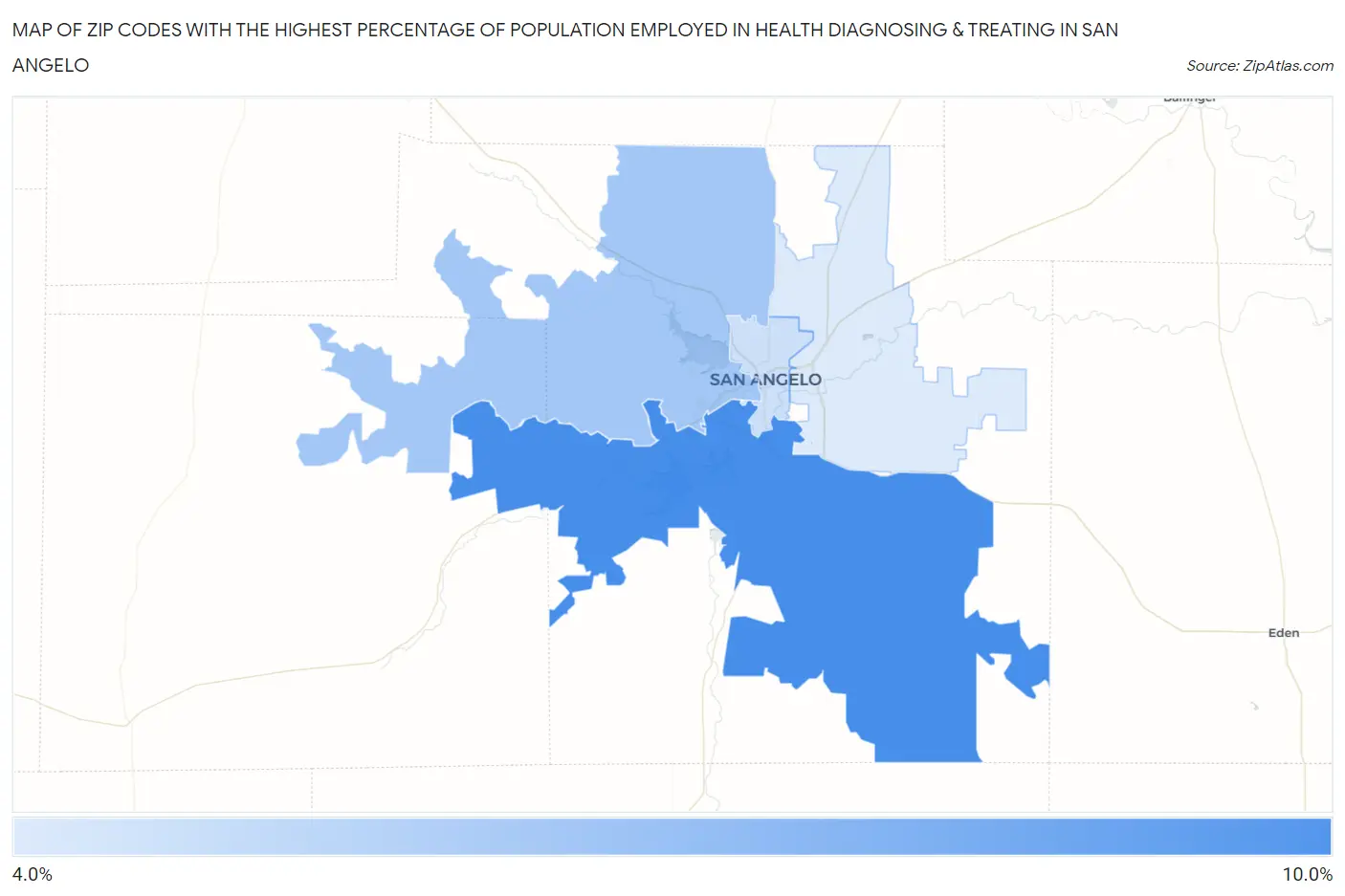 Zip Codes with the Highest Percentage of Population Employed in Health Diagnosing & Treating in San Angelo Map