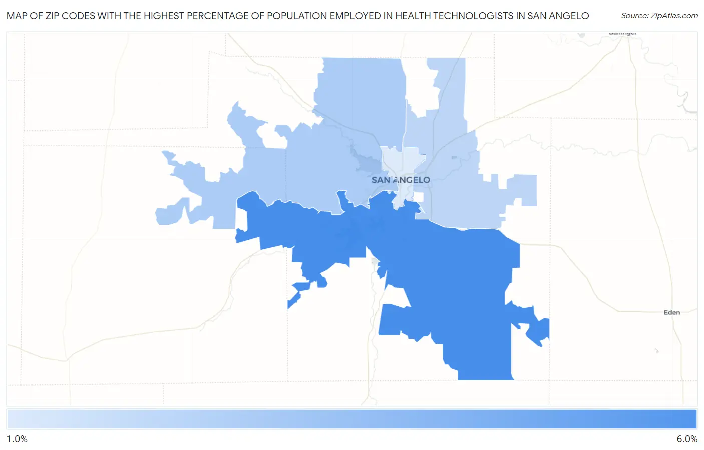 Zip Codes with the Highest Percentage of Population Employed in Health Technologists in San Angelo Map