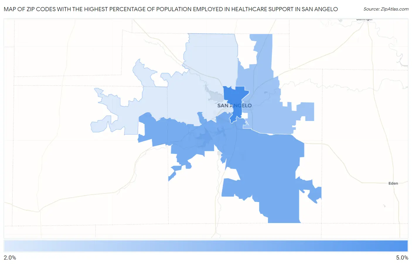 Zip Codes with the Highest Percentage of Population Employed in Healthcare Support in San Angelo Map