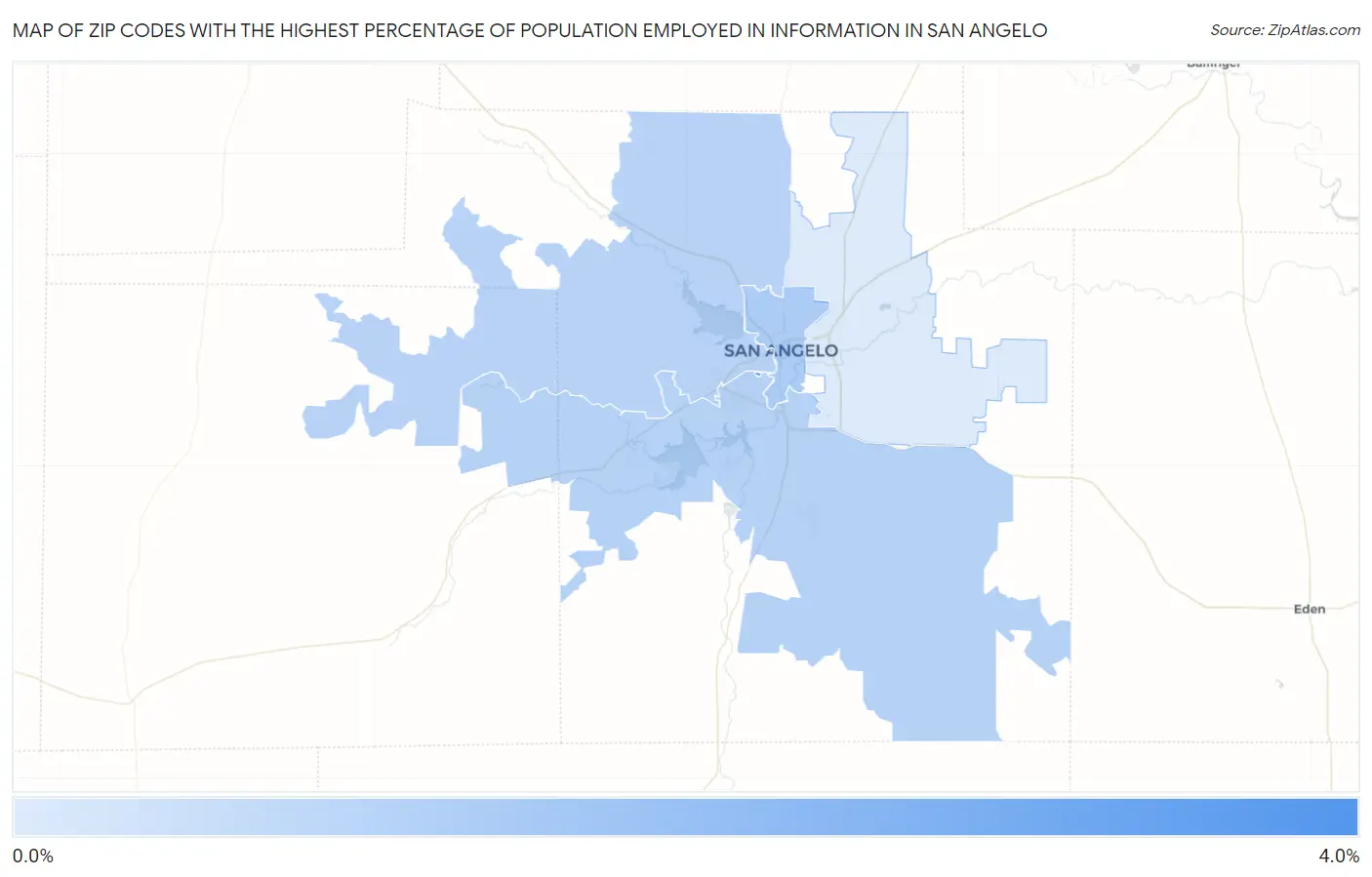 Zip Codes with the Highest Percentage of Population Employed in Information in San Angelo Map